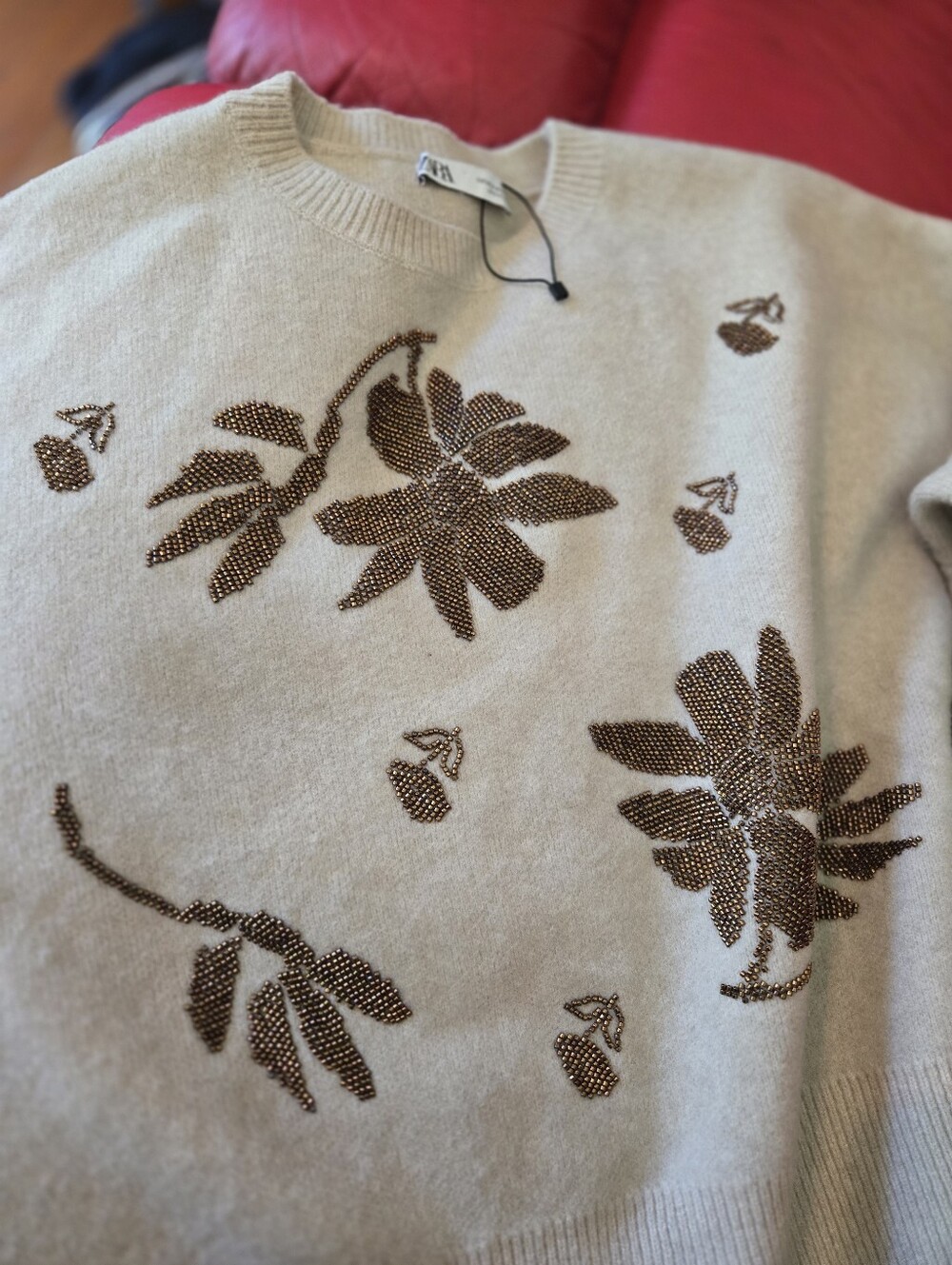 Beaded Floral Crewneck Sweater - Cream with Brown Accents